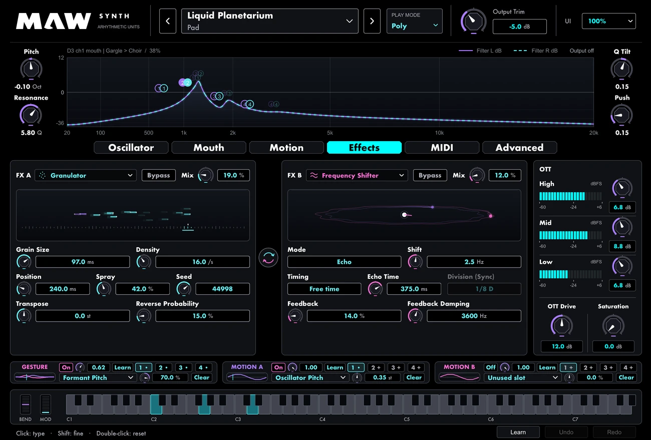 Maw Effects page with two serial effects banks, OTT, and saturation