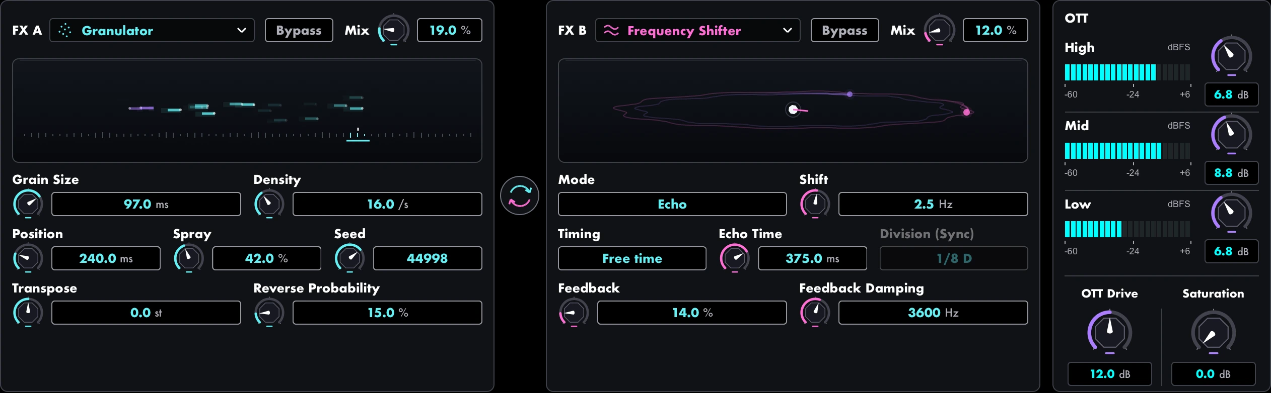 Maw's two serial effects banks, three-band OTT, and saturation controls