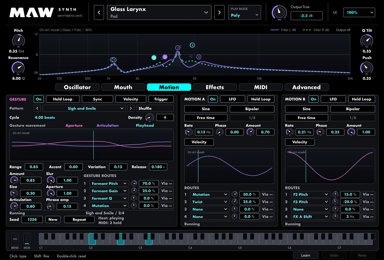 Maw Motion page with Gesture patterns and two assignable modulation sources