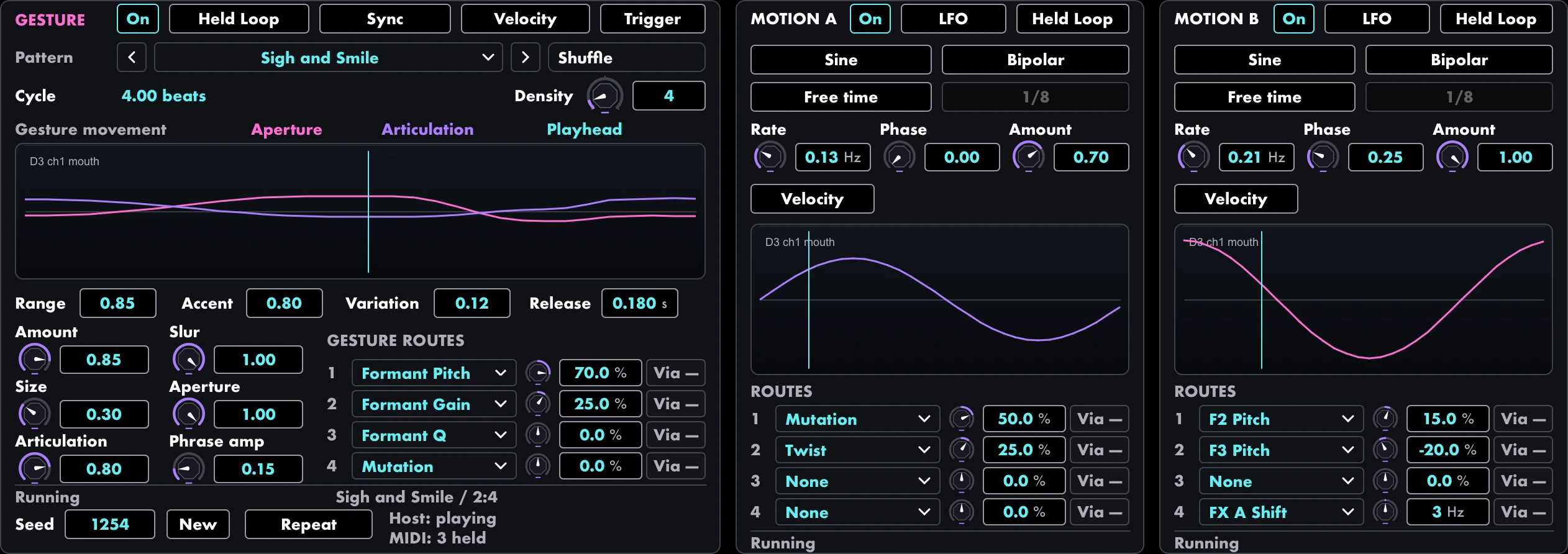 Maw Gesture pattern controls and two Motion sources with assignable modulation routes