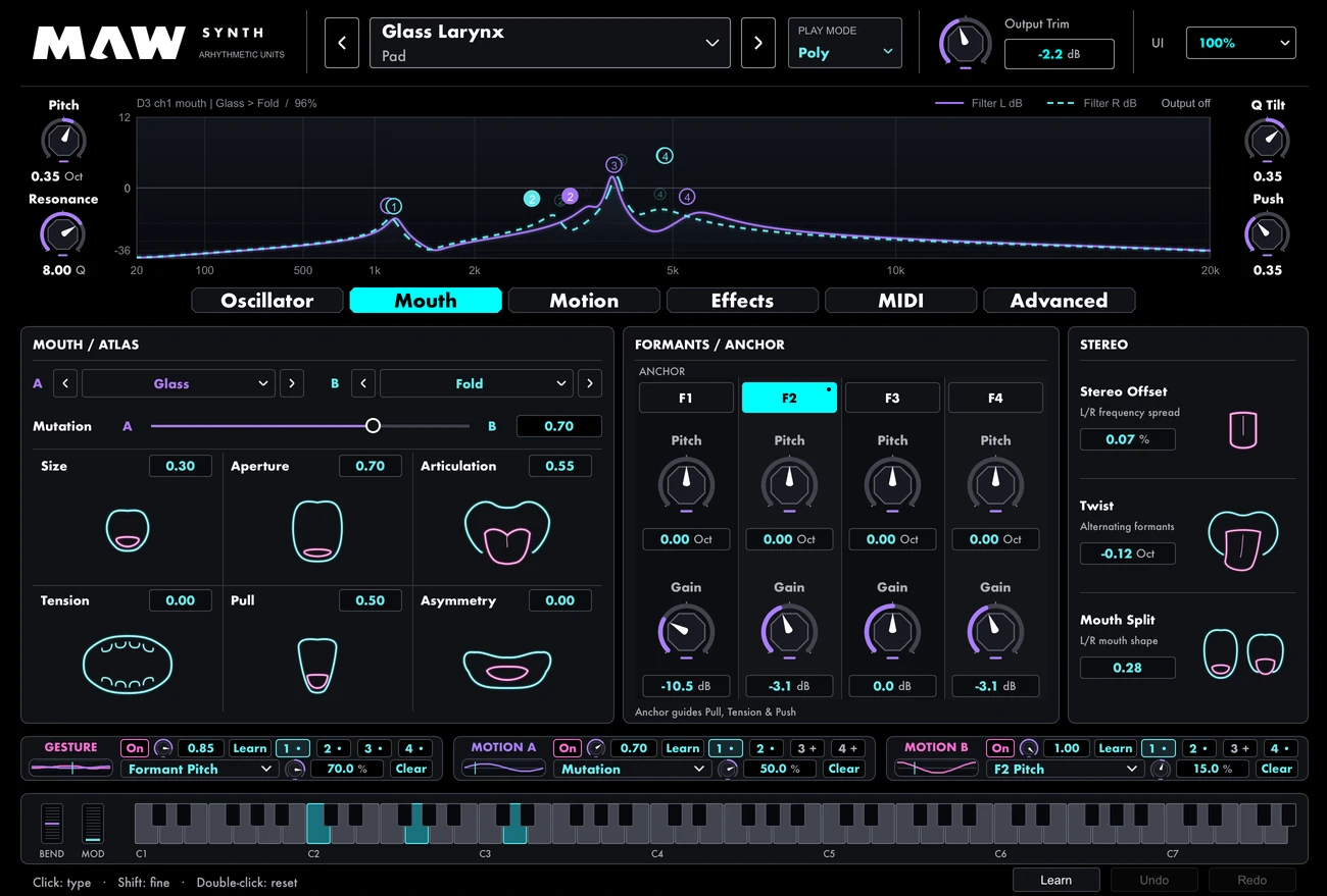 Maw Mouth interface with Atlas voice blending, illustrated mouth controls, four formants, and stereo shaping