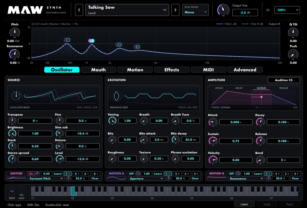 Maw Oscillator page with source, excitation, and amplitude controls