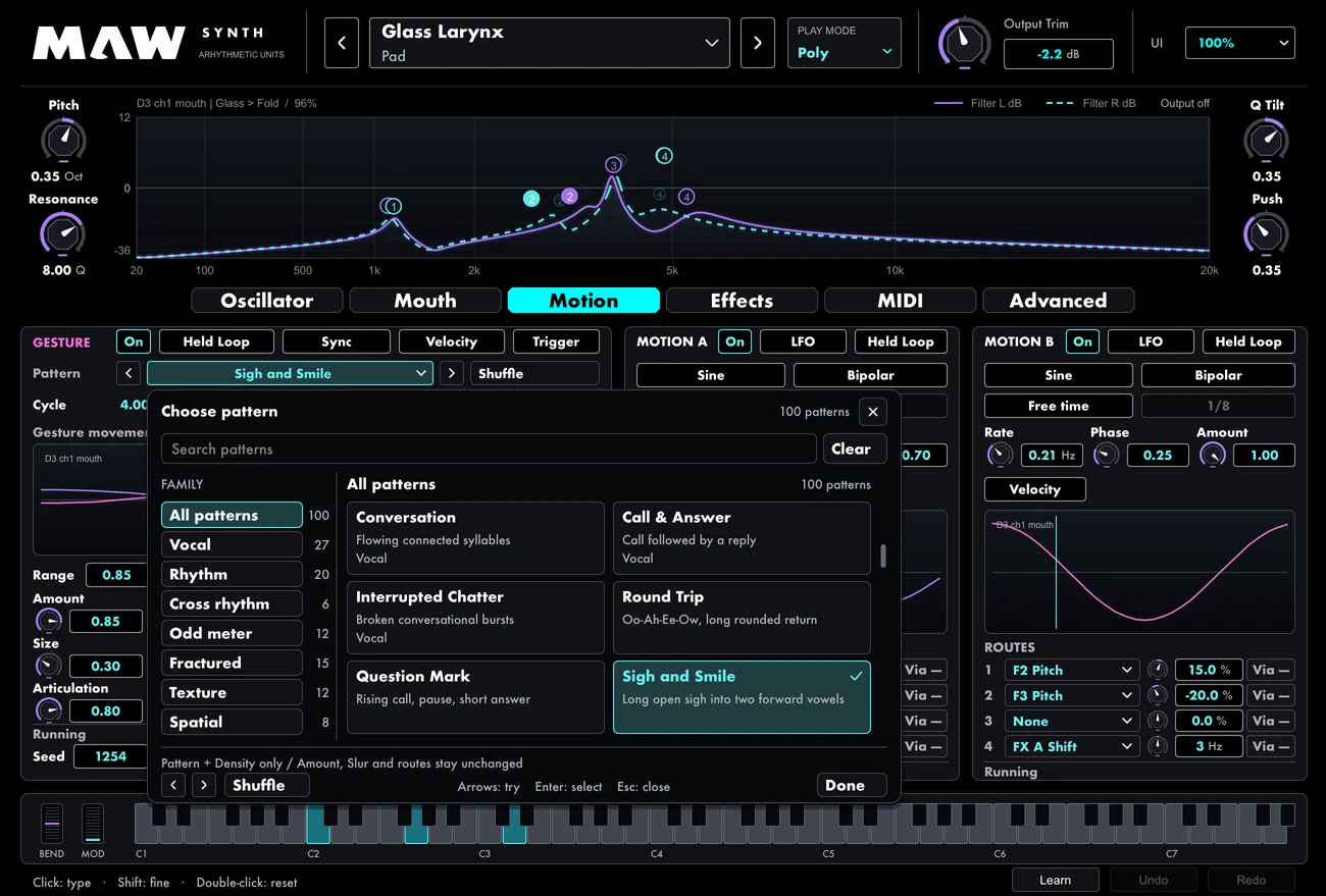Maw Gesture pattern browser over the Motion interface