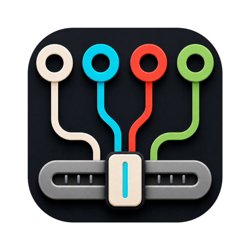 Quadra app icon: four colored paths meet at a tactile mixer fader